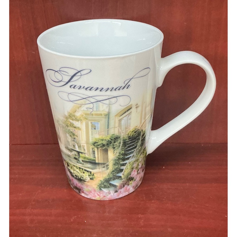 Savannah Georgia Souvenir Latte Mug White Ceramic Floral Architecture 6 Inch